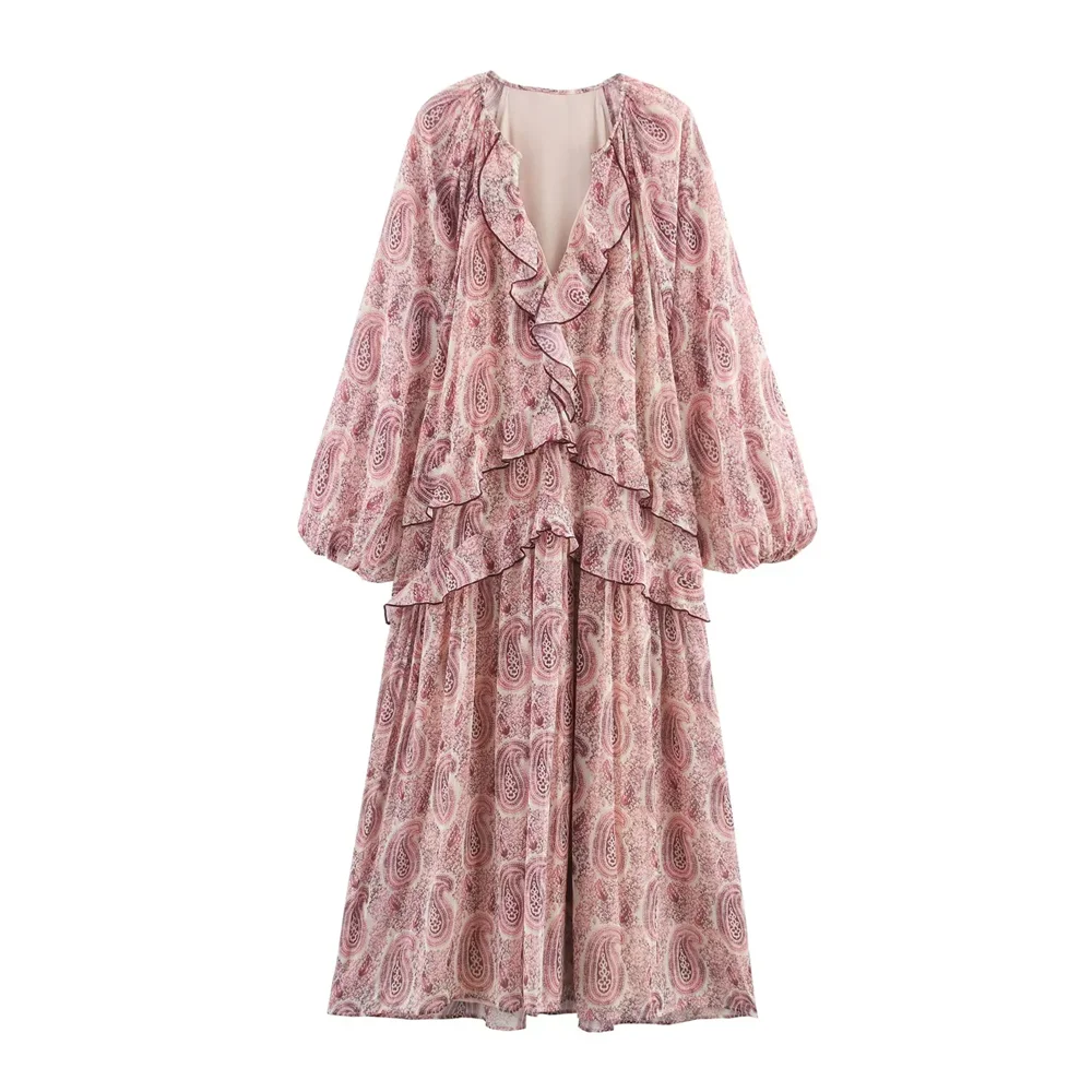 Femmes mode robes imprimées femme à manches longues col en v robe de soirée printemps été Chic Streetwear dame élégante robes en mousseline de soie