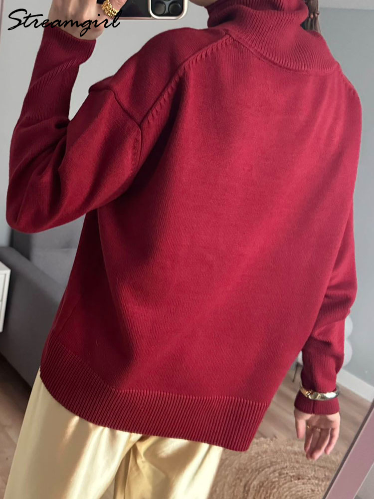Hiver bordeaux pull femmes col roulé chaud pulls hauts en tricot marron pulls femmes surdimensionné épais basique femmes chandails