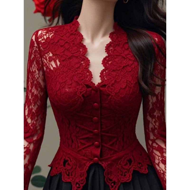 Chemise formelle à manches longues en dentelle rouge pour femmes, avec boutons sur le devant