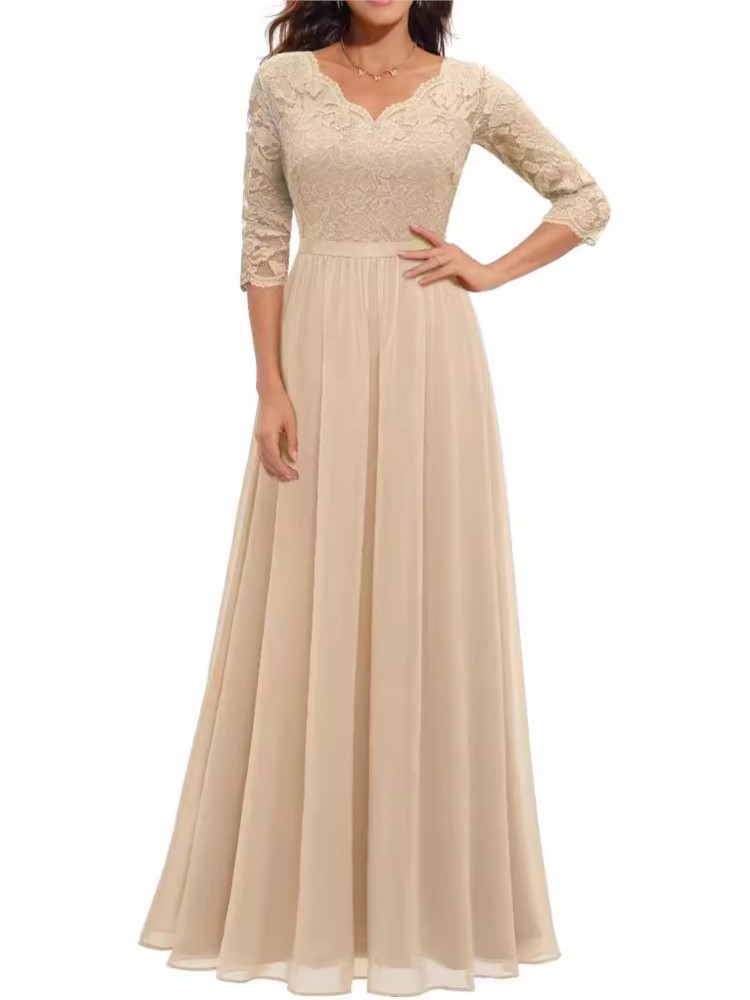 Mode dentelle Robe ample pour les femmes élégant solide trois quarts col en V taille haute robes Robe Femme formelle soirée nouveau