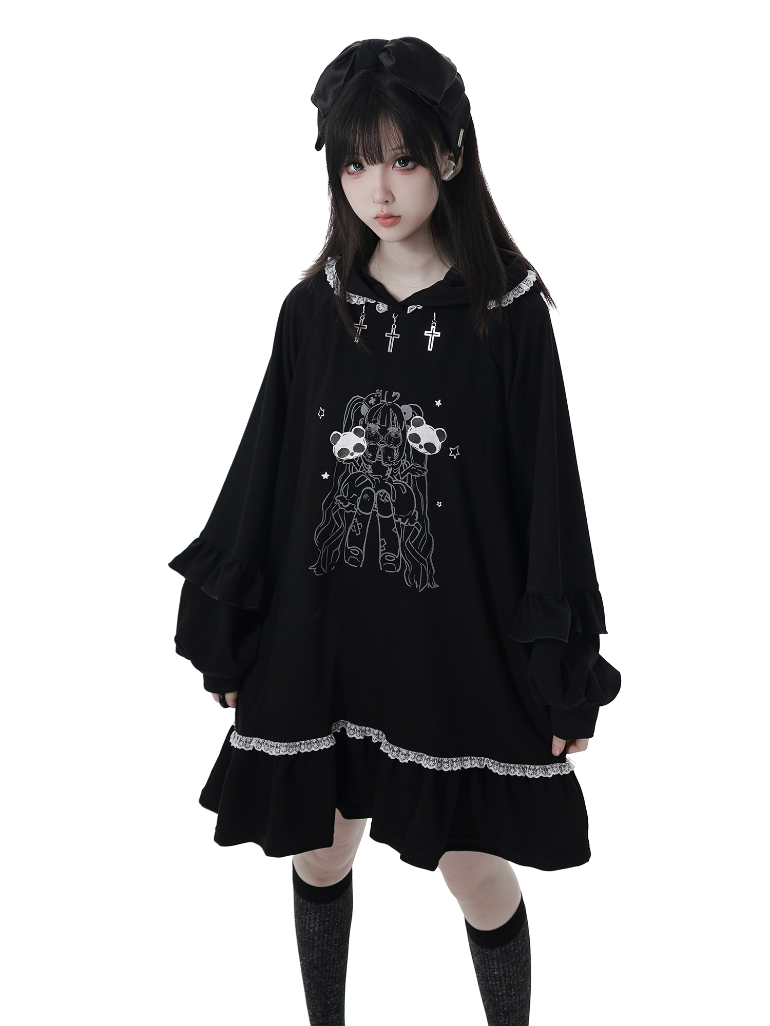 Highstreet doux Cool décontracté robe à capuche dessin animé imprimé broderie dentelle volants Patchwork à manches longues robe noire ample femmes