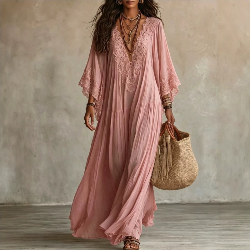 Robe longue élégante unie pour femme, décontractée, avec dentelle, col en V sexy, fluide, pour la plage, les vacances, les fêtes, Vestidos