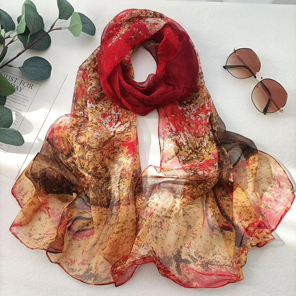 Été arbre de vie en mousseline de soie crème solaire Foulard en soie plage longues écharpes châle femmes léger respirant Georgette Foulard Bandana