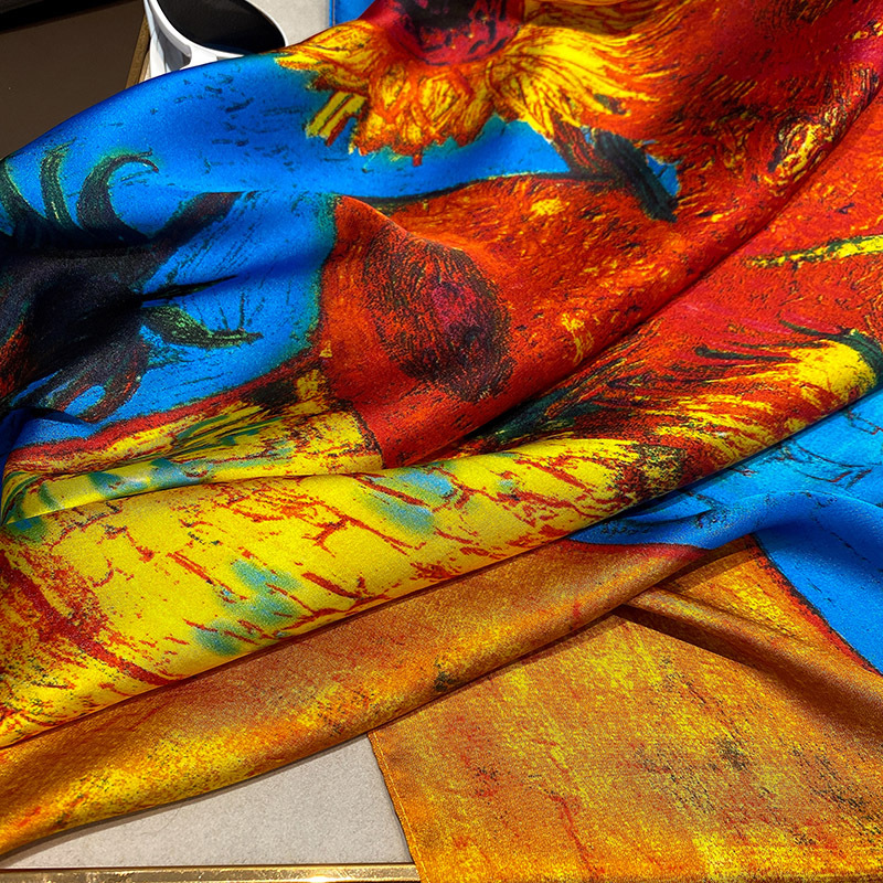 Van Gogh – écharpe en soie pour femmes, marque de luxe, imprimé tournesol, châle, Femme, plage, protection solaire, longue écharpe Hijab, été