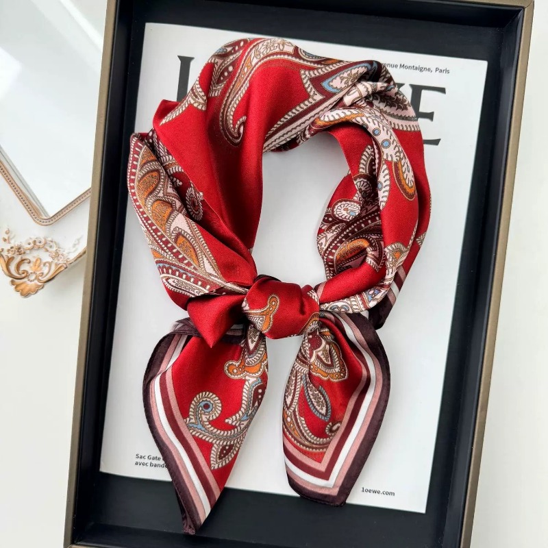 Foulard carré 70 cm en soie de mûrier 100% rouge bordeaux à motif cachemire floral, vintage, pour femme, bandana de cou, accessoire pour cheveux et sac, pour le bureau et les mariages