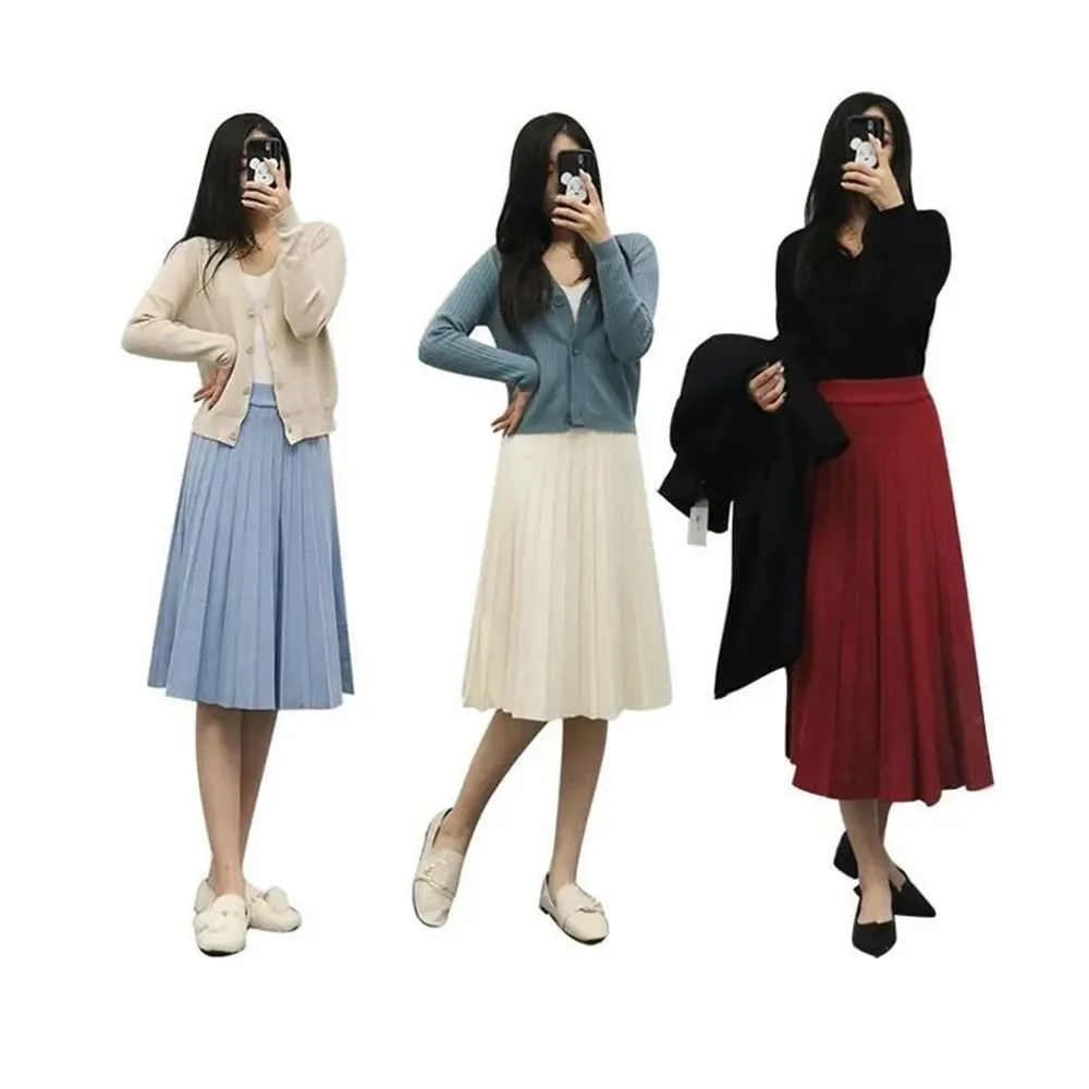 Femmes tricoté jupe Midi élégant noir a-ligne taille haute plissée longue Jupe coréenne 2024 printemps automne hiver Faldas Femme Jupes