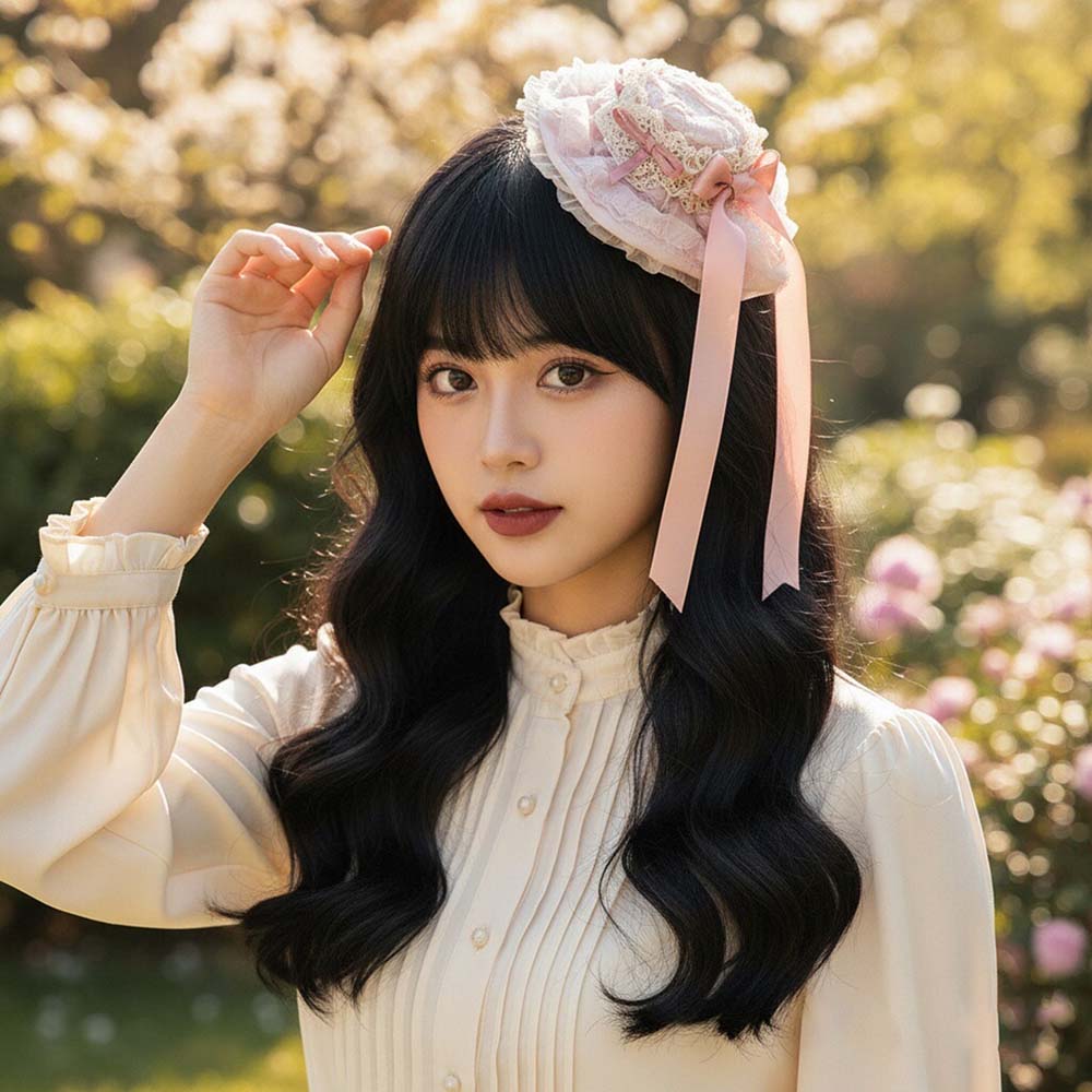 Accessoire de coiffure pour femme, style Lolita, avec mini pince à cheveux en dentelle, nœud en satin à volants et long ruban, coiffe vintage victorienne pour fête du thé