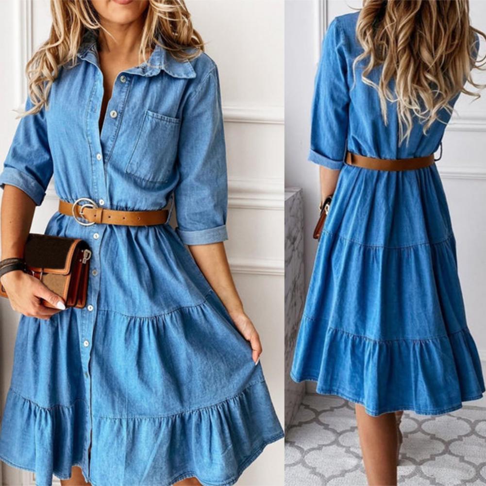 Robe en jean à manches trois-quarts avec ceinture, col rabattu, boutons et volants, pour femme, printemps-automne 2025
