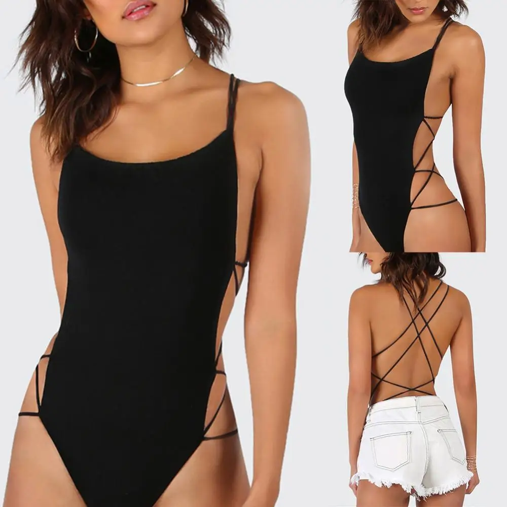 Maillot de bain une pièce pour femmes, sexy, bretelles, dos nu, monokini, couleur unie, batterie, 2021