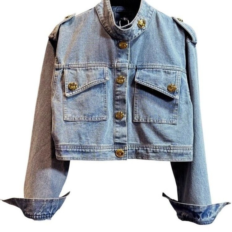 Blouson en jean court rétro pour femme avec boucle dorée distinctive – Nouvelle collection confortable, minimaliste, tendance et polyvalente
