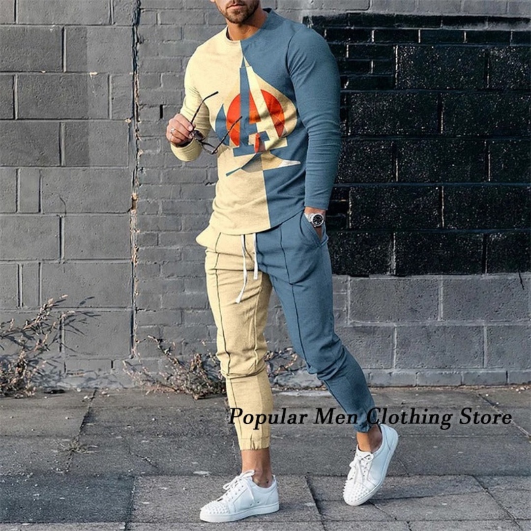 Ensemble de vêtements pour hommes, t-shirt à manches longues + pantalon, survêtement décontracté, costume 2 pièces, vêtements de sport pour printemps, Streetwear surdimensionné