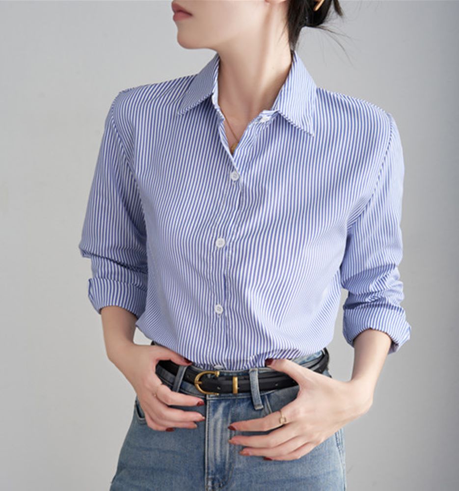 Chemise à rayures bleues pour femmes, ample, décontractée, manches longues, vêtements à la mode pour dames, vêtements de bureau, printemps automne