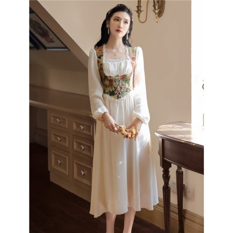 Robe corset vintage à imprimé floral pour femmes, robe midi à manches longues et col carré en dentelle, robe de soirée élégante style cottagecore