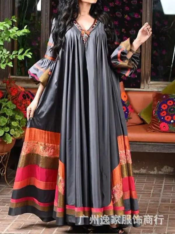 Robe imprimée Vintage pour femmes, respirante, ample, moyen-orient, décontractée, manches longues, col en v, Abayas musulmanes amples pour femmes