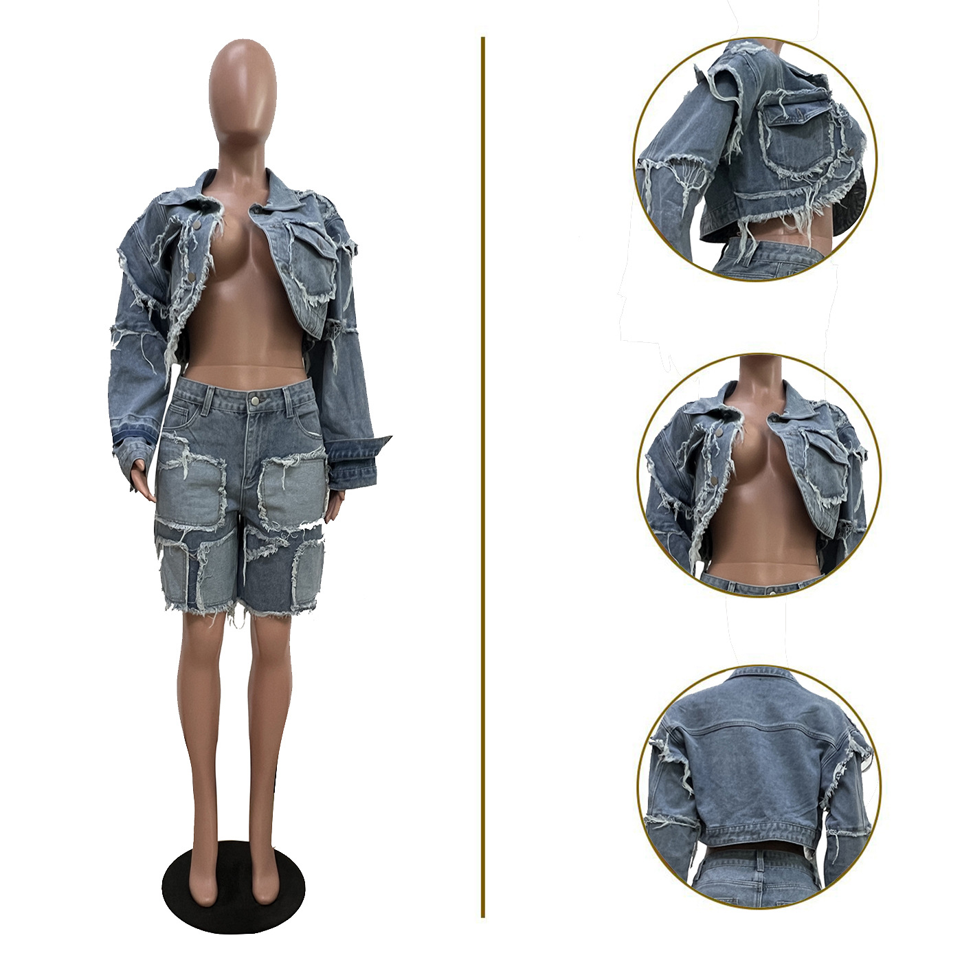 Ensemble deux pièces en Denim pour femmes, short et pantalon, col rabattu, ensembles assortis, hauts, longueur aux genoux, taille haute, Streetwear Y2k