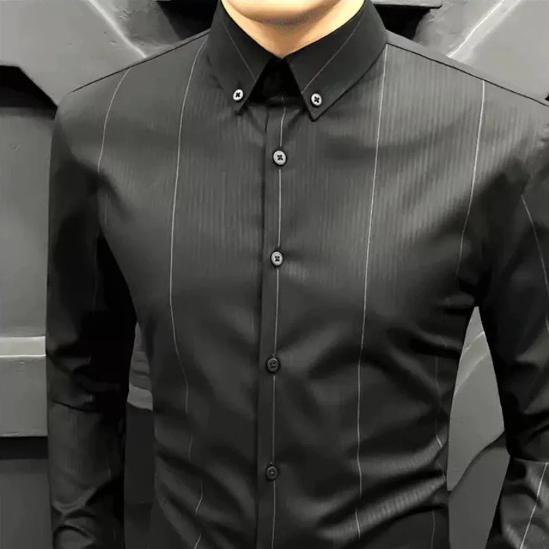 Chemise habillée noire à manches longues pour hommes, chemises et chemisiers d'affaires, coton de luxe, haute qualité, social, vêtements en Y, média, nouveau