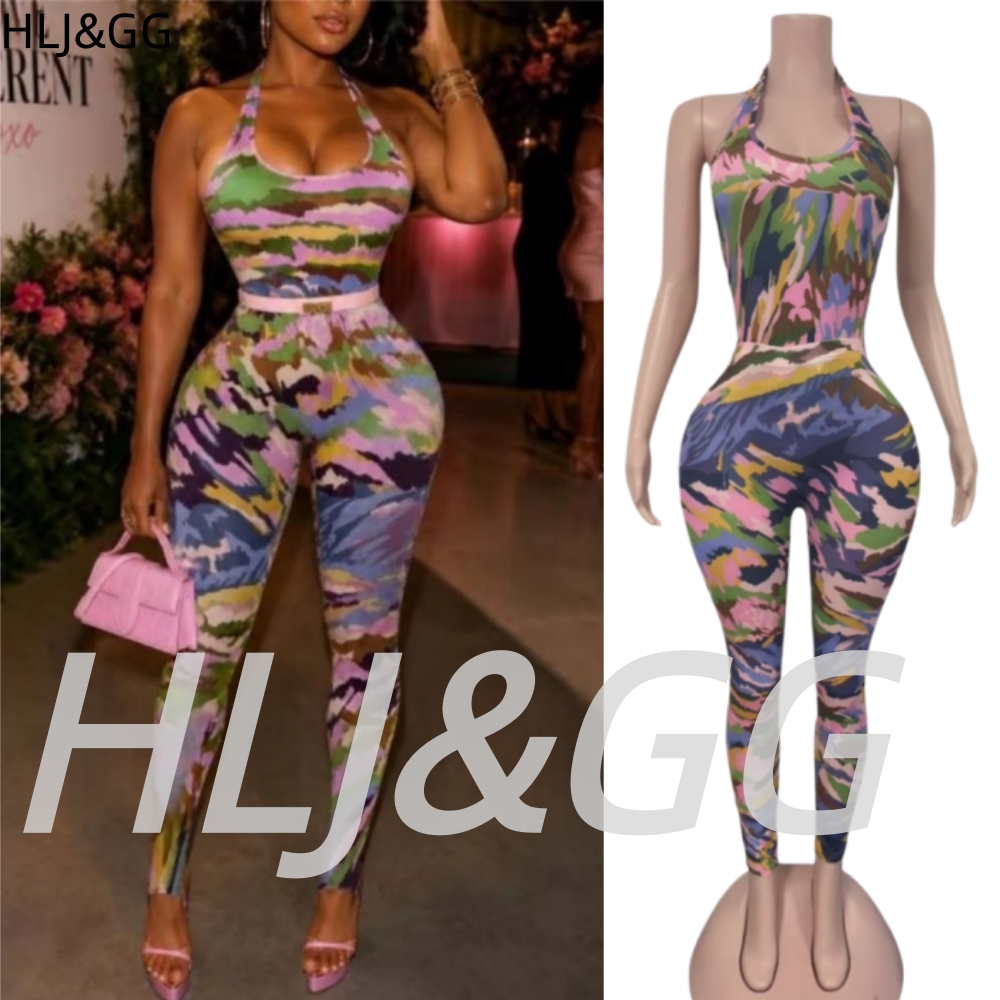 HLJ&GG – body imprimé peinture à l'huile, ensemble deux pièces pour femmes, haut sans manches et pantalon slim, tenue tendance, 2 pièces, Streetwear