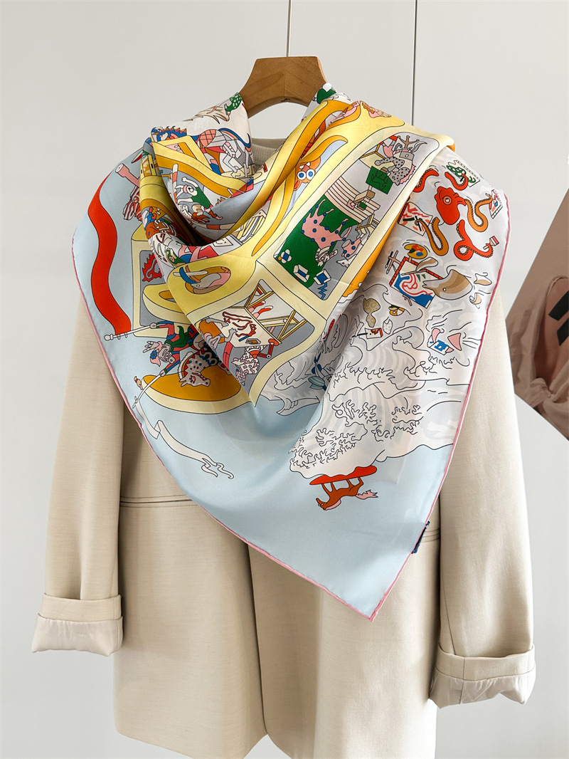 Foulard en soie 135 cm, châle à bords roulés à la main, bandanas, grands châles, accessoires été-printemps, cadeau, imprimé cheval