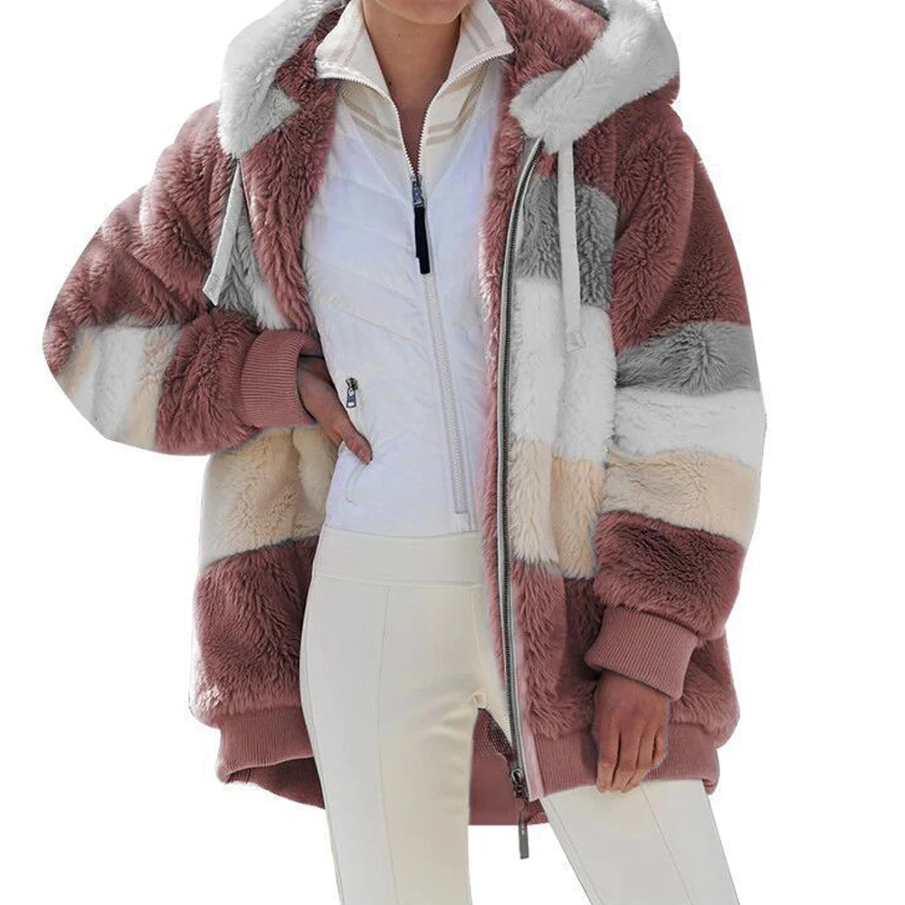 Veste surdimensionnée pour femmes manteau 2025 automne hiver chaud en peluche poche à capuche Streetwear ample dame fermeture éclair cachemire manteau d'extérieur
