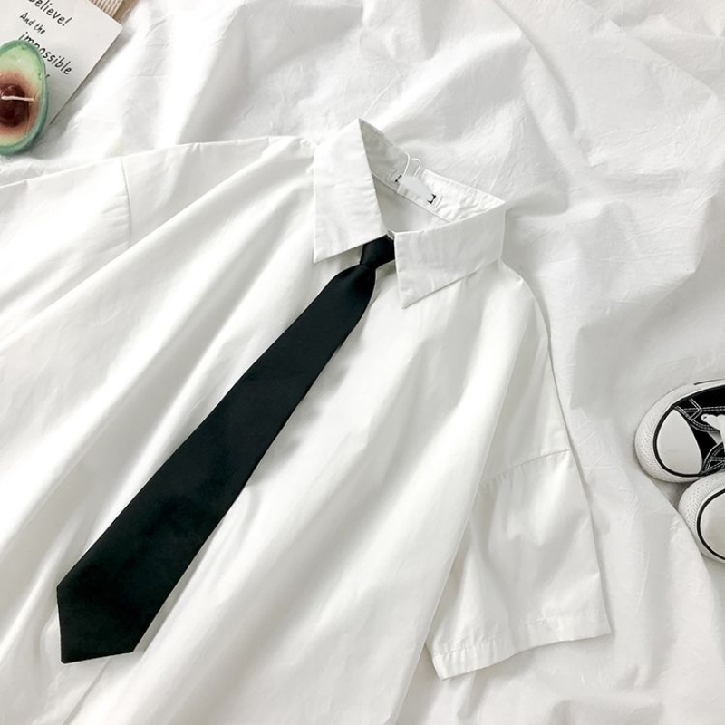 Chemises blanches pour femmes, cravate noire, Style japonais, pour étudiantes Preppy, chemisier pour filles JK, Simple, solide, ample, hauts d'été à boutons, nouveau