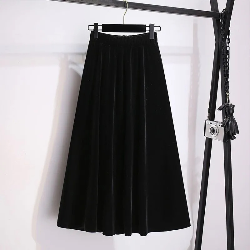 Femmes grande taille 4XL a-ligne jupes longues automne hiver dames taille haute jupe nouvelle femme doré velours Maxi jupe