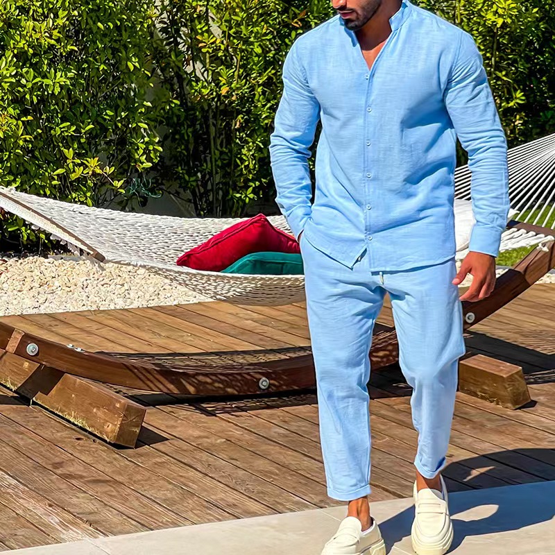 Chemise à col montant en lin à manches longues pour hommes, chemise respirante monochromatique, vêtements de sport décontractés, mode simple, ensemble deux pièces FJM
