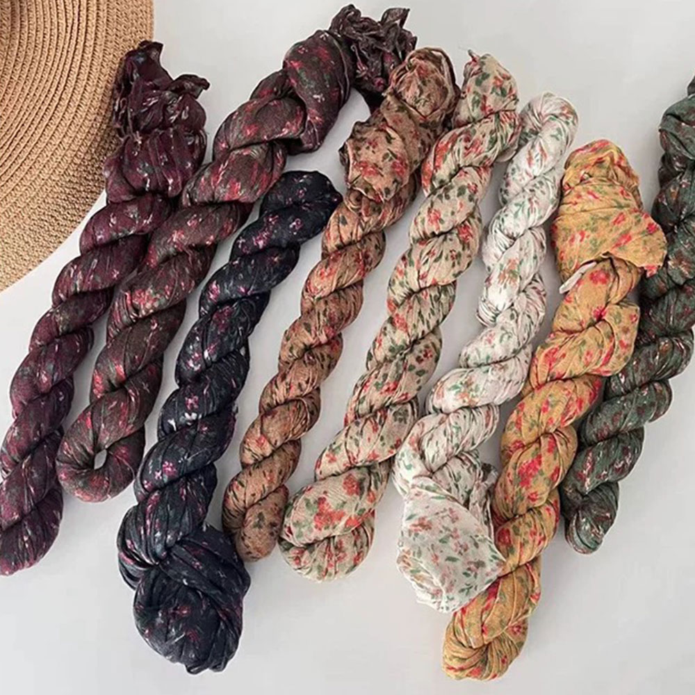 Écharpe florale en coton et lin, foulard quatre saisons, longue bande plissée, Hijab, décor élégant pour femmes, châle anti-rides naturel