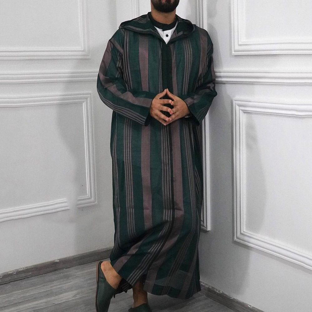 Hommes islamique arabe Patchwork rayé à capuche fermeture éclair Robe musulmane automne Streetwear décontracté ample arabe Robe islamique 2026 nouveau
