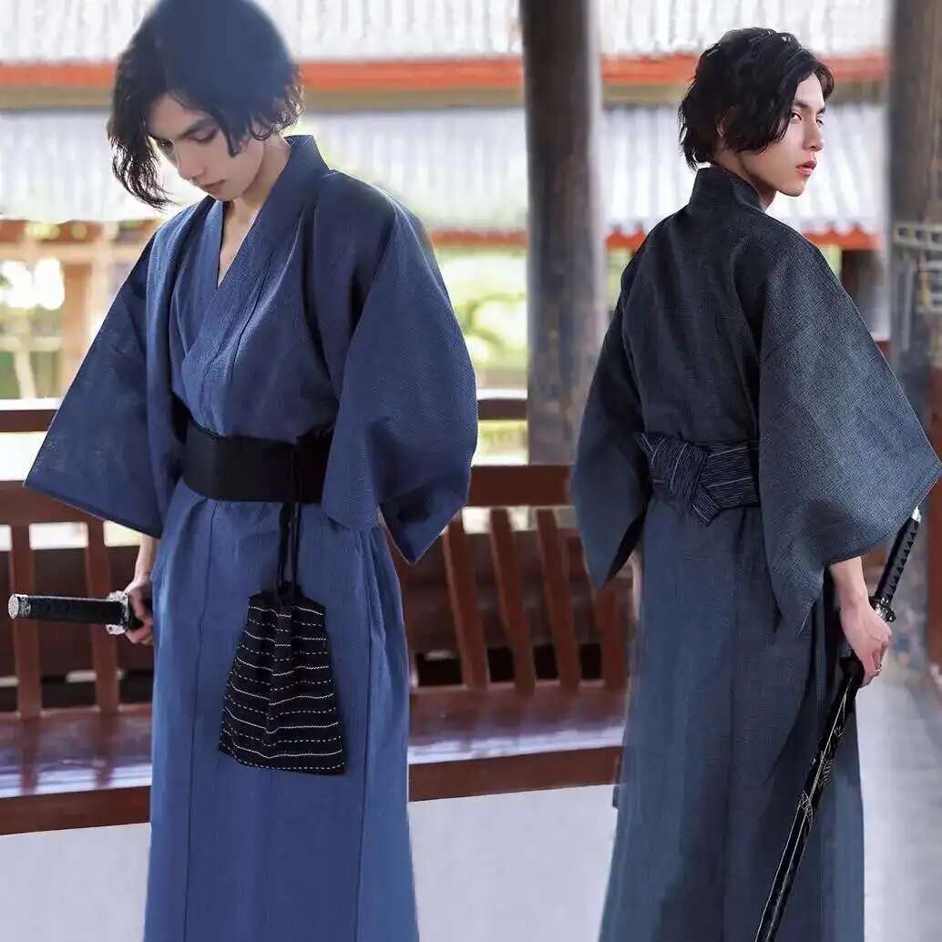 KIMONO – ensemble pyjama traditionnel japonais YUKATA pour hommes, longues Robes d'été avec ceinture, 95% coton, vêtements de nuit, peignoir