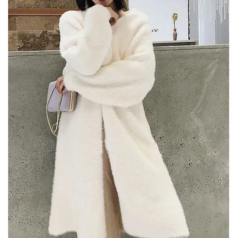 Cardigan Long blanc pour femmes, vêtements d'hiver tricotés, moelleux, manches longues, pull en cachemire, manteau, style clotkoréen, chaud, vintage