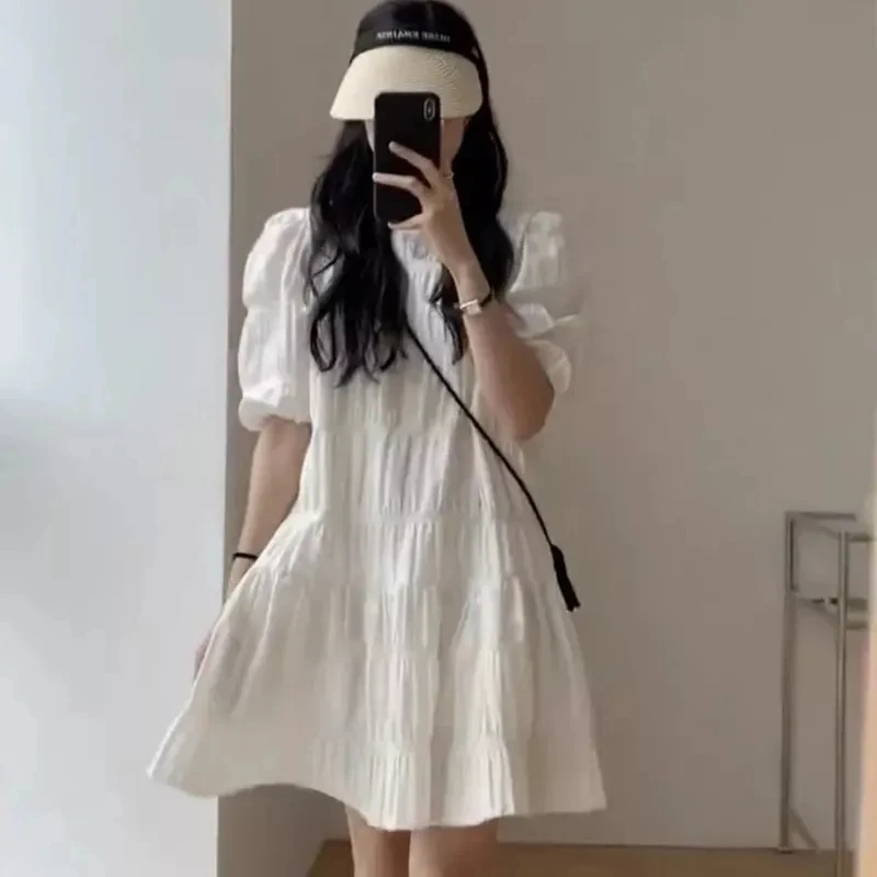 Robe plissée française tendance pour femmes 2026, robe décontractée ample à manches courtes, robe de plage d'été, robe de soirée, robes blanches, vêtements Y2k