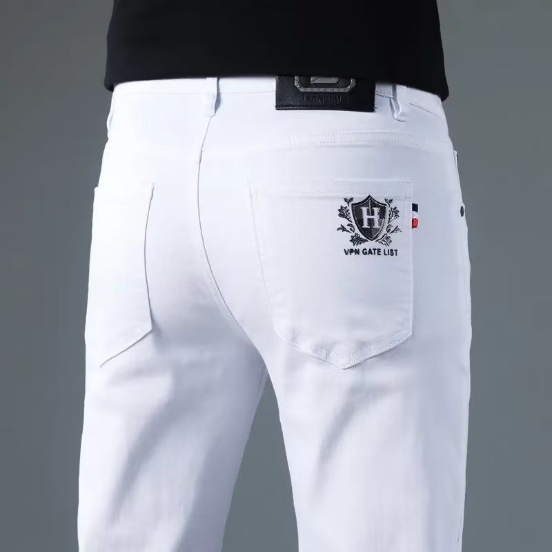Homme coréen vêtements de créateur 2025 jean blanc hommes printemps automne imprimé étudiants mince Stretch crayon pantalon vêtements de travail pantalons longs