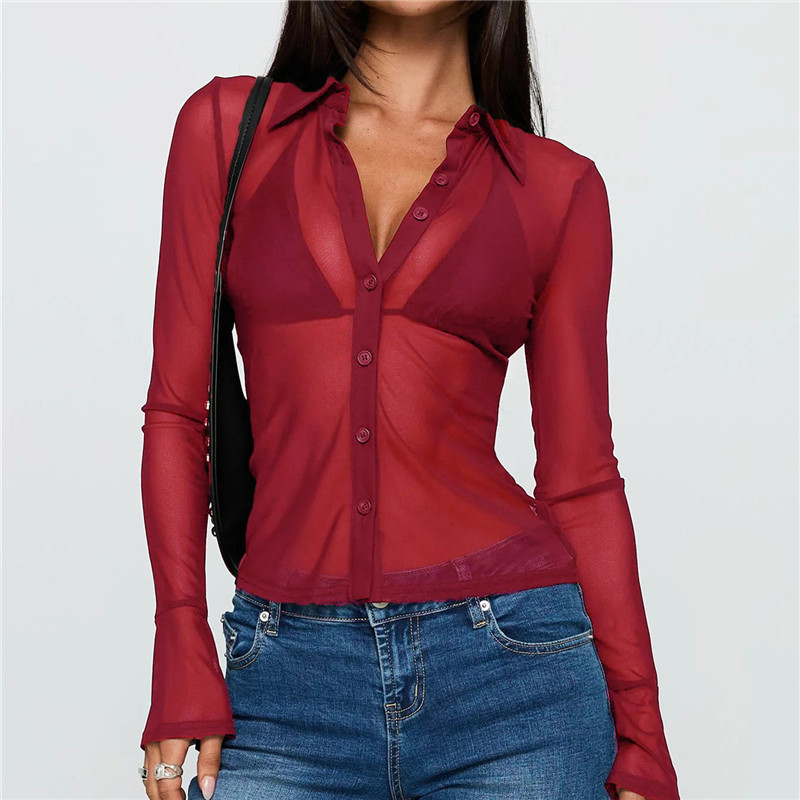 Chemises à boutons transparentes hirigin pour femmes, chemisier à manches longues en maille transparente, chemise à boutons sexy, hauts pour sortir, streetwear