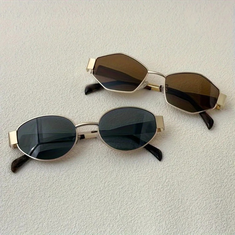 2 paires de lunettes d'été pour femmes, monture dorée rétro, design tendance, combinaison de montures polygonales et rondes