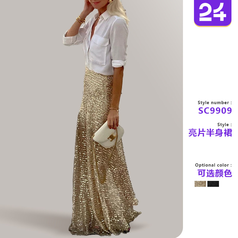 Jupes pour femmes 2026 – Nouvelle collection décontractée printemps-automne, jupe longue à sequins, couleur unie, style Europe-Amérique, vêtements féminins