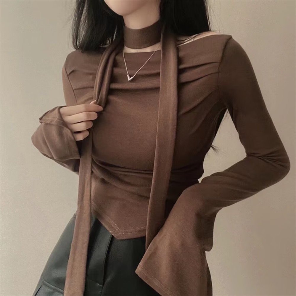 T-shirt sexy et tendance à épaule dénudée avec écharpe, manches longues, haut court plissé pour femme, rouge vintage, noir, vêtements