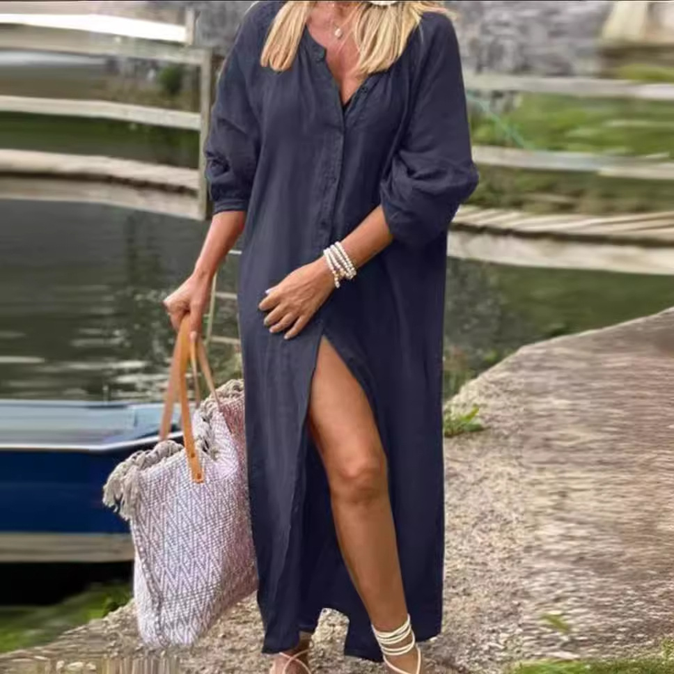 Robes pour femmes 2026 Nouveauté en coton et lin, simples, amples, à manches longues, boutonnées, à points ouverts, couleur unie, longues, vêtements féminins, vestidos