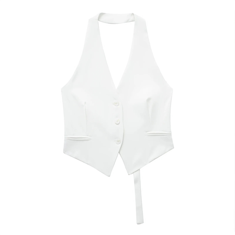 MUJER épaules dénudées gilet sans manches femmes noir blanc recadrée gilet femme mode dos nu col en V manteaux courts gilet d'été