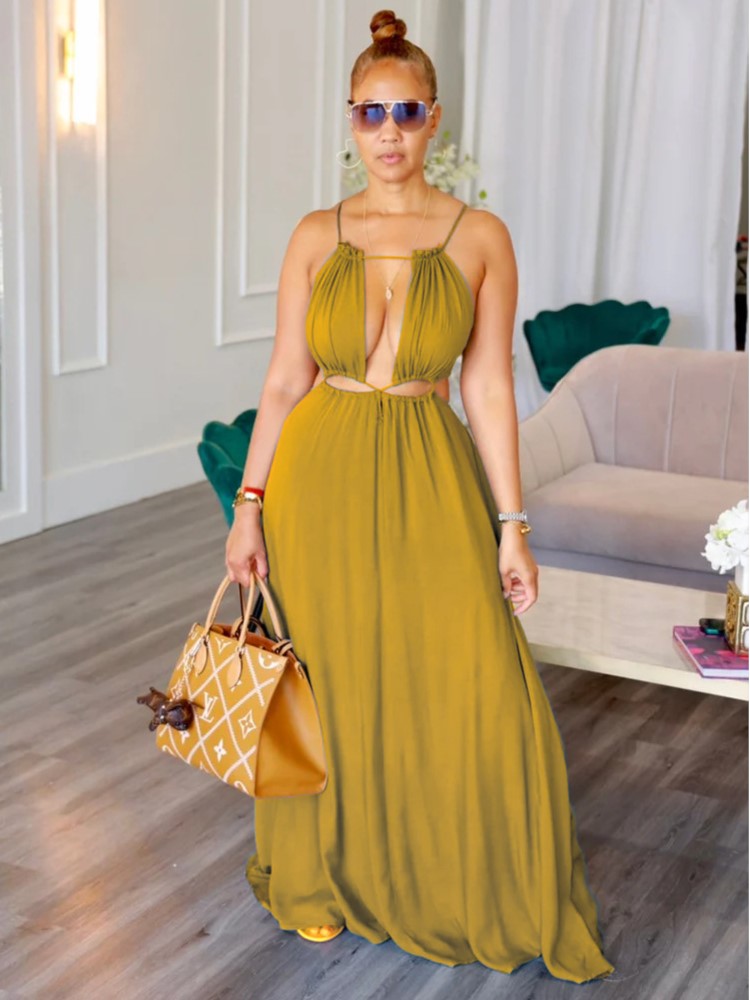 2025 femmes robe vacances d'été solide robes longues Sexy cordon à lacets sans manches robes Para Mujer Club tenues de fête