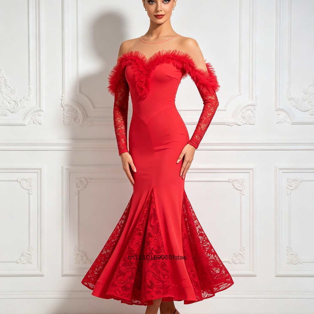 Robe de danse moderne à épaules dénudées pour femmes, manches longues, jupe évasée en dentelle, costume de danse de salon standard pour la compétition et la pratique