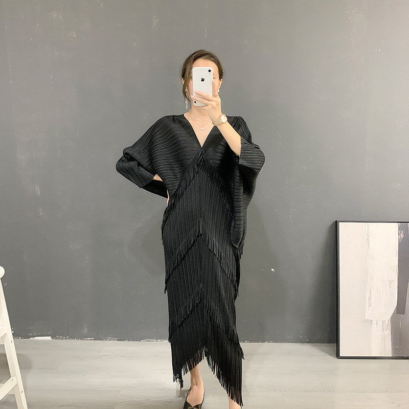 Robe de Soirée Décontractée à Franges pour Femme, Jupe à Franges, Col en V, Manches Chauve-Souris, Style Occidental, Nouvelle Collection Été 2024, Offre Spéciale