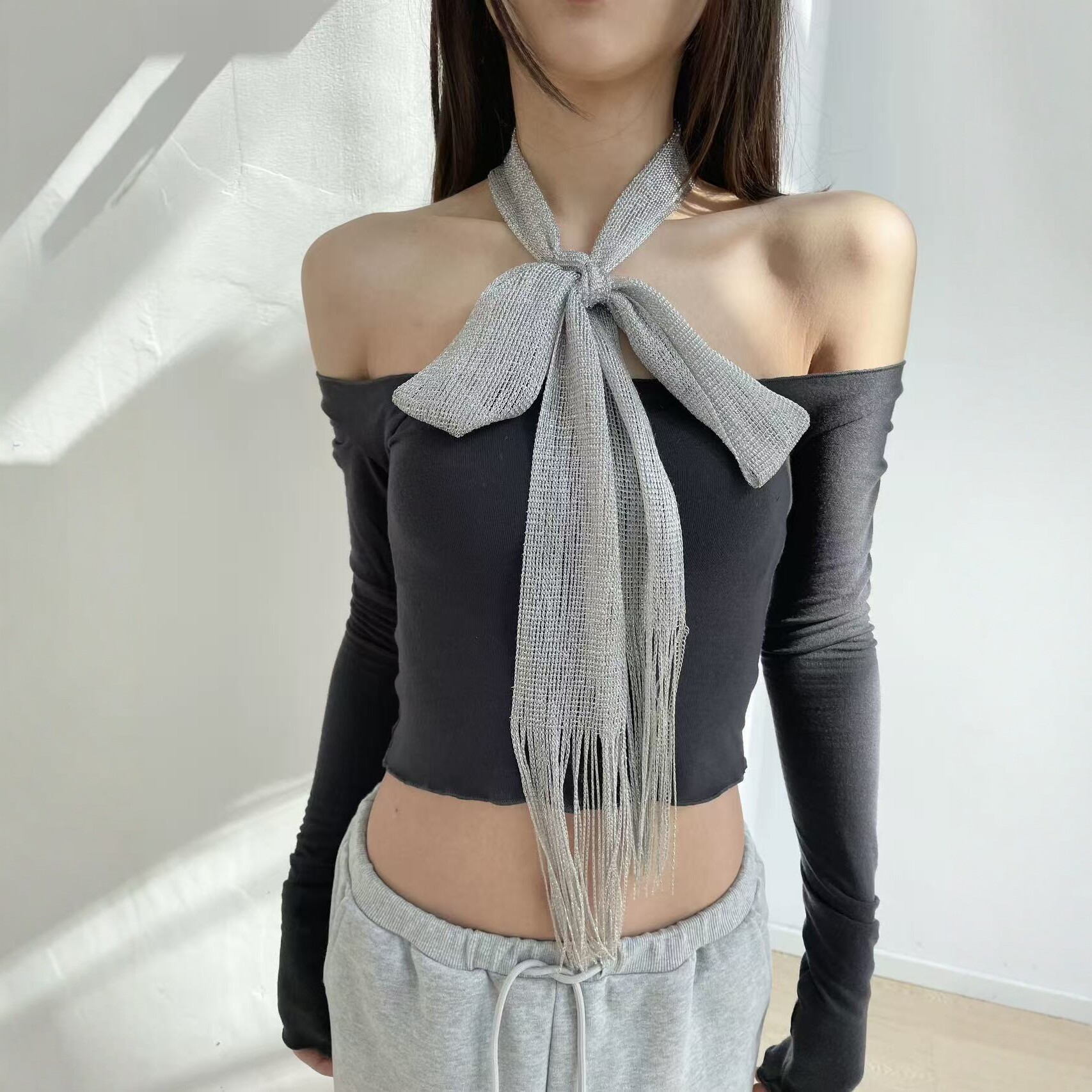 Mode discothèque crème solaire châle soie brillante pour les femmes dentelle gland brillant collier fête or argent robe de soirée écharpe