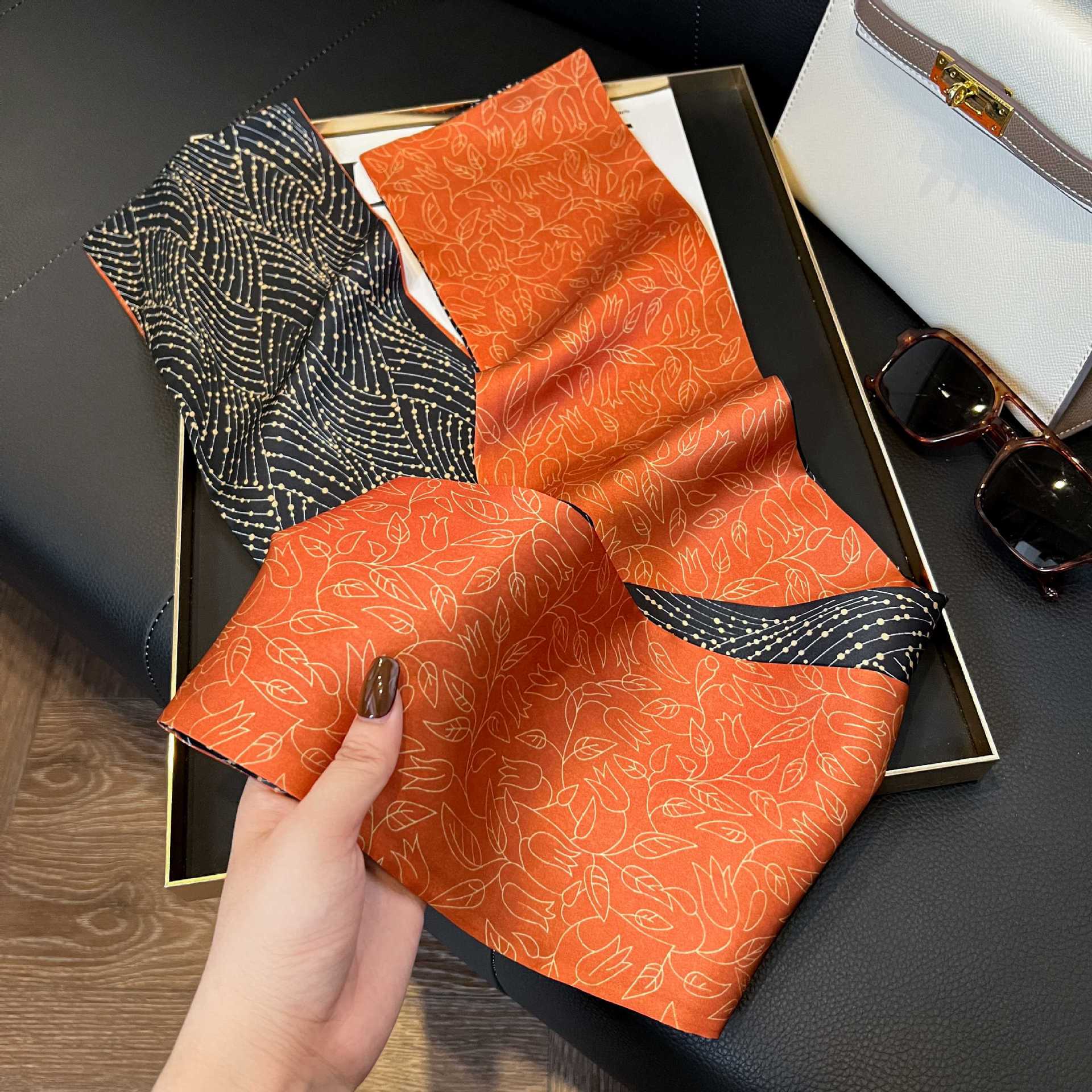 Écharpe longue de luxe en soie pour femme, douce, en satin imprimé, bandeau, foulard, écharpe pour cheveux, cravate de cou, écharpes fines