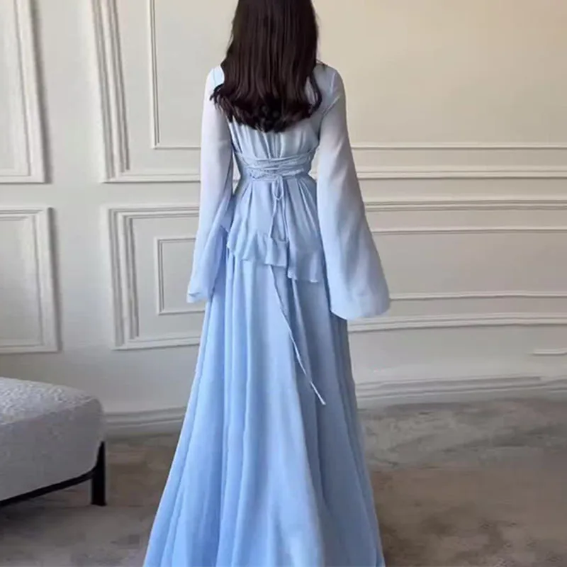 Robes pour femmes élégantes, col rond, couleur unie, à volants, robe de soirée plissée, manches évasées, à nouer, vêtements féminins Slim, printemps automne