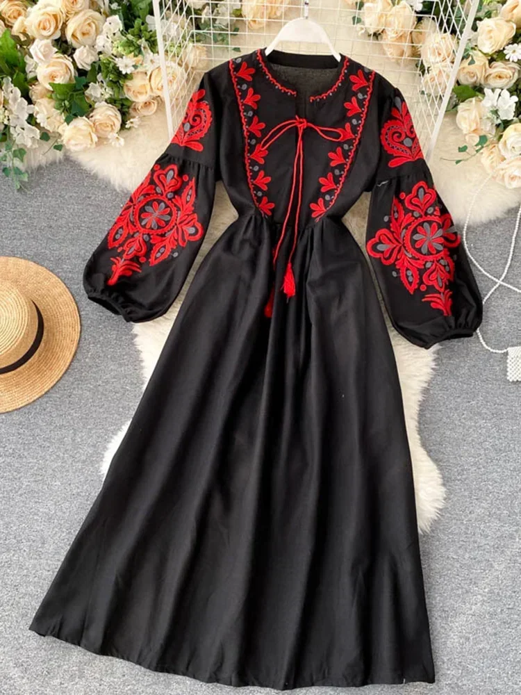 Robe plissée à fleurs brodées bohème pour femmes, col rond, manches lanterne, taille haute, tout match, éducatif, femme, automne, PL393