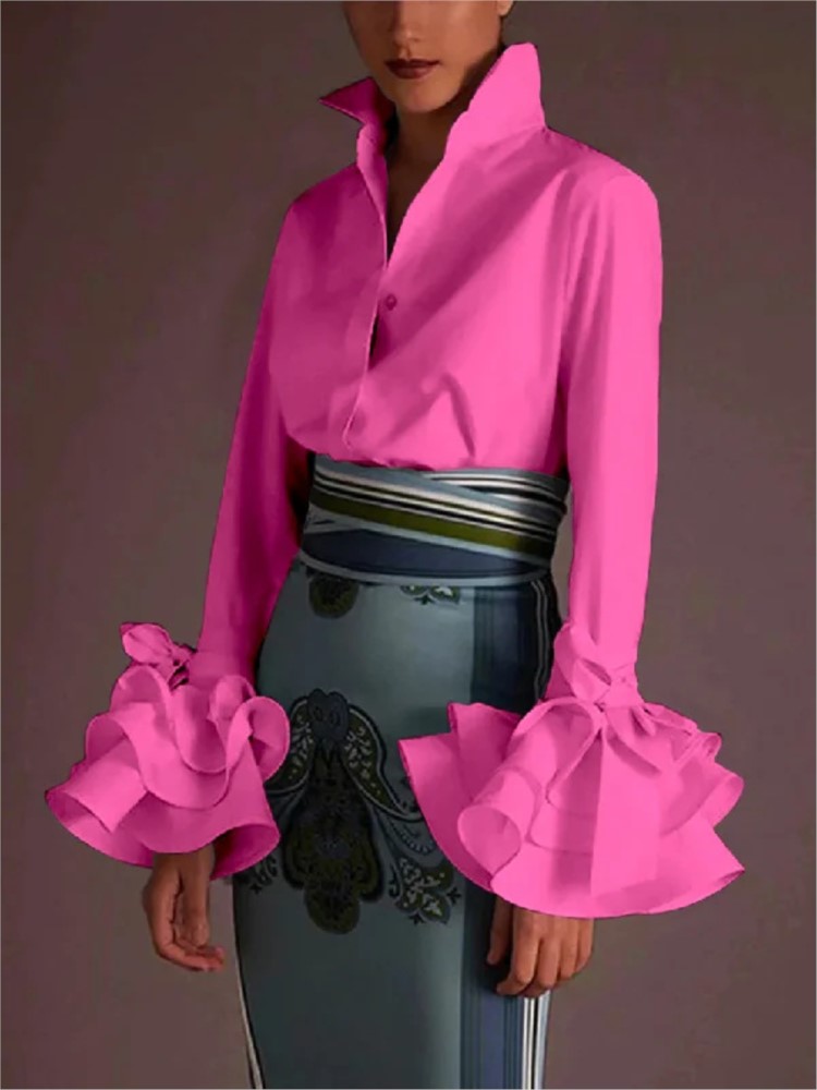 Chemises et blouses pour femmes, élégantes, manches évasées, blouses à volants, hauts, printemps, automne, décontractées, unies, chemises de bureau à col boutonné, hauts