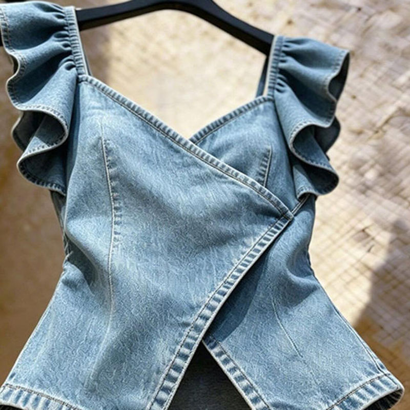 Nouvelle Collection Été-Automne 2026 : Gilet en Jean Style Coréen pour Femme – Veste sans Manches en Denim Tendance avec Volants