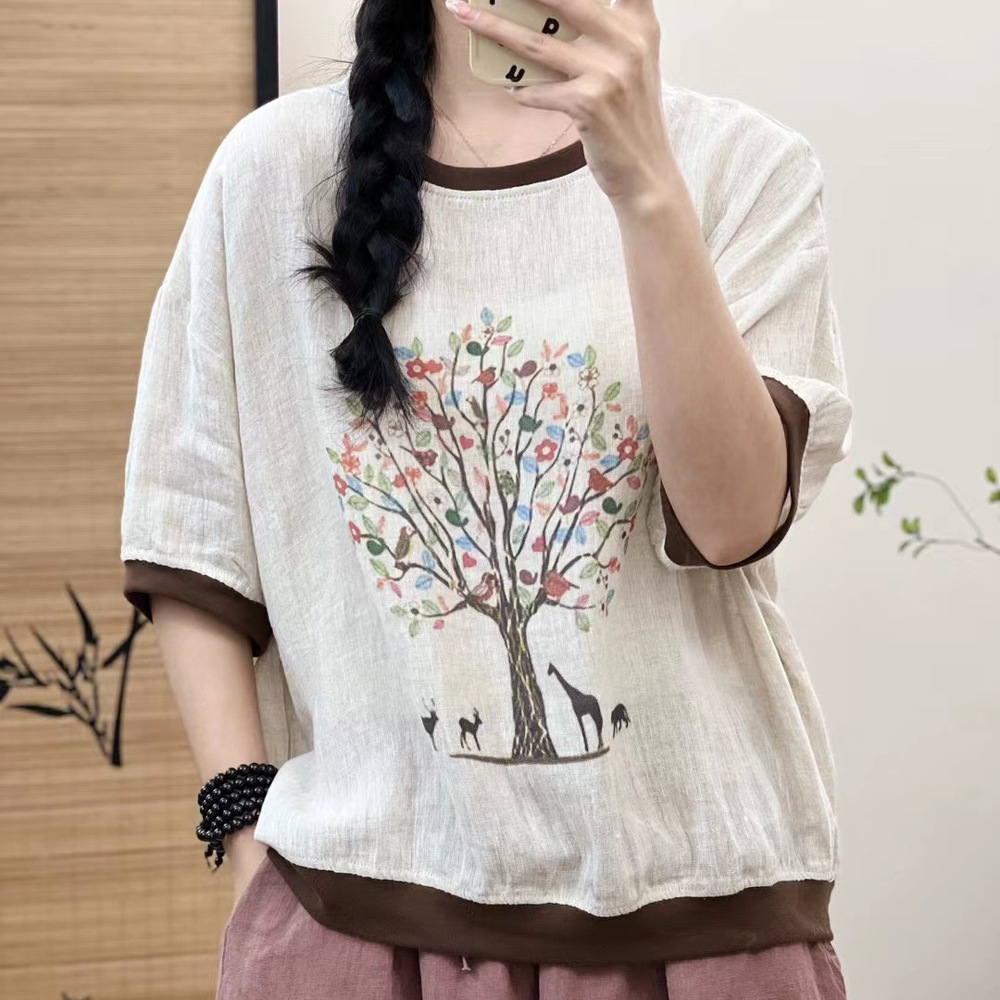 Chemise à manches courtes pour femmes, style japonais, vintage, coton, lin, imprimé d'arbre, t-shirt, grande taille, médicaments, chic, chemisier femme, ample