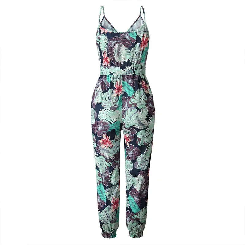 Col en V Sexy Body femmes avec ceinture corps Femme barboteuses Feminino Floral combishort salopette imprimer été combinaison costume pantalon