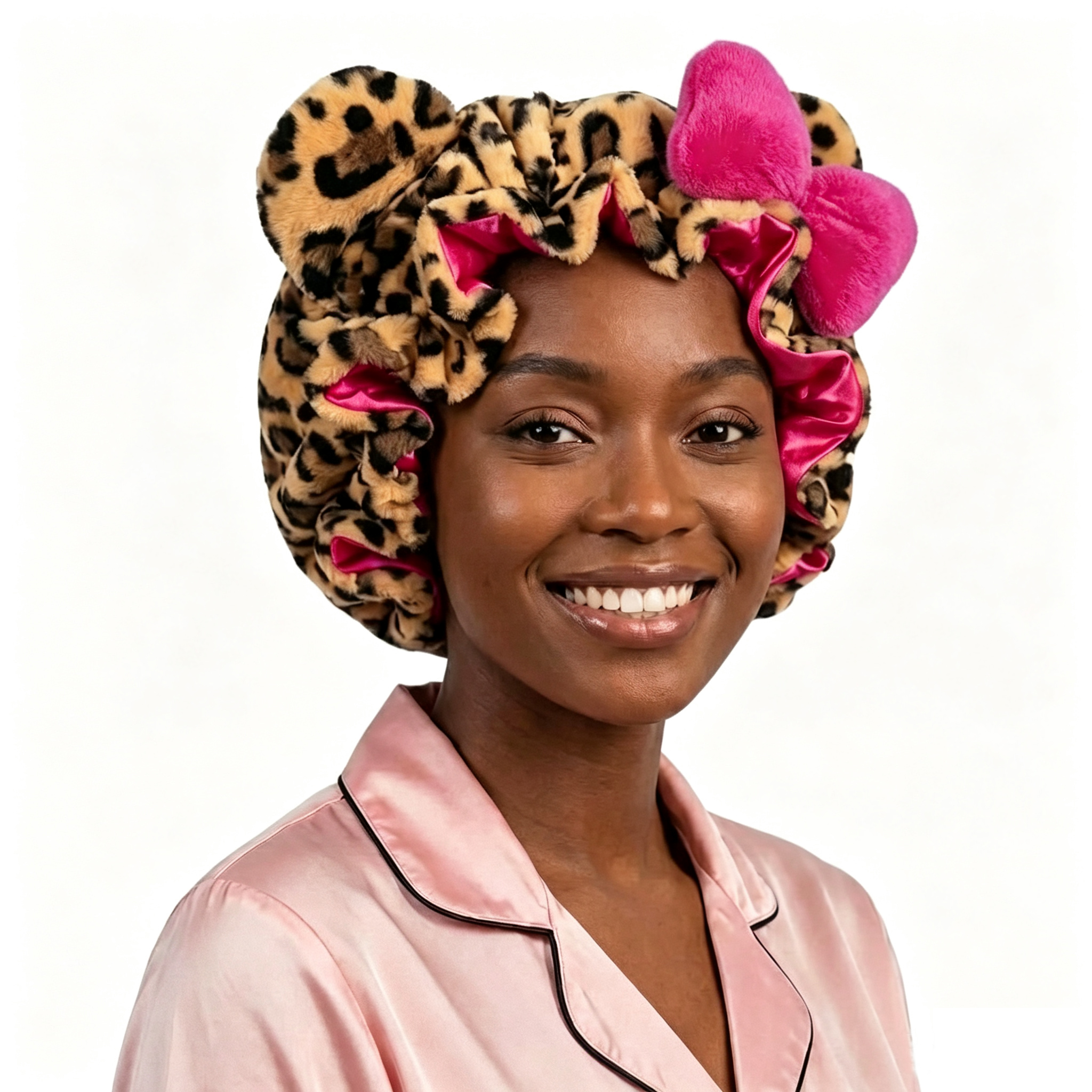Bonnet de nuit en peluche imprimé léopard avec grand nœud, doublure en satin, doux et moelleux, ajustable avec oreilles d'ours